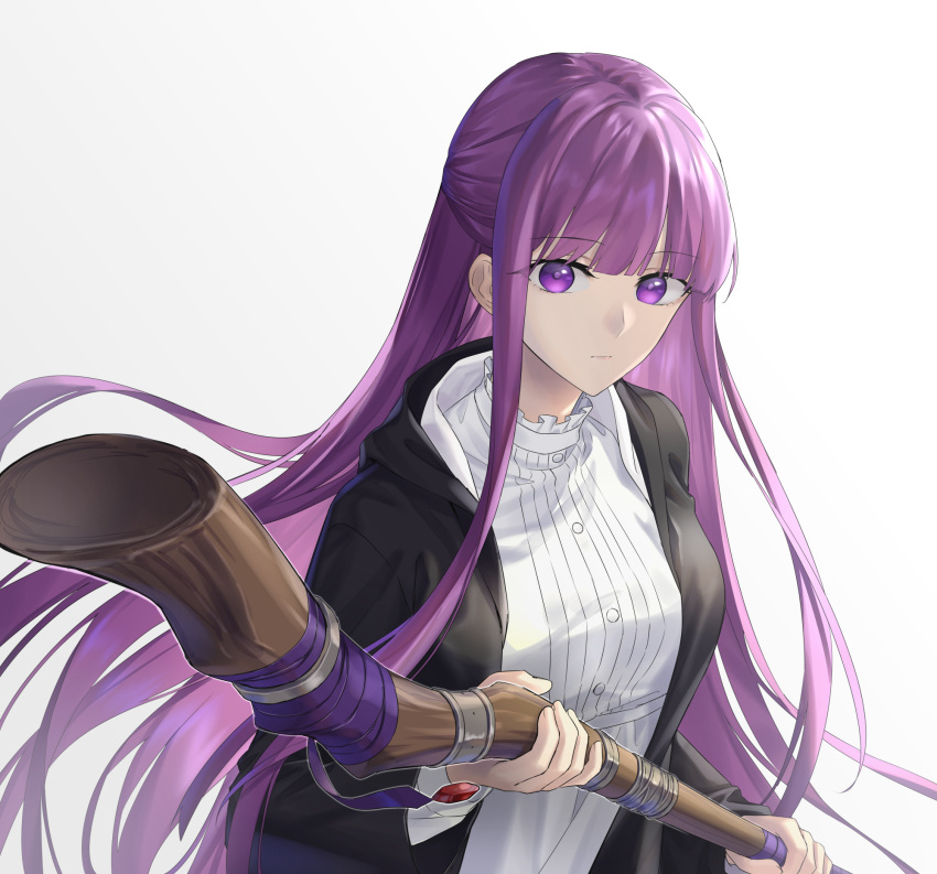 1girl black_robe blunt_bangs breasts closed_mouth commentary dress fern_(sousou_no_frieren) highres holding holding_staff long_hair long_sleeves looking_at_viewer mage_staff medium_breasts purple_eyes purple_hair robe simple_background solo sousou_no_frieren staff suprii upper_body white_background white_dress