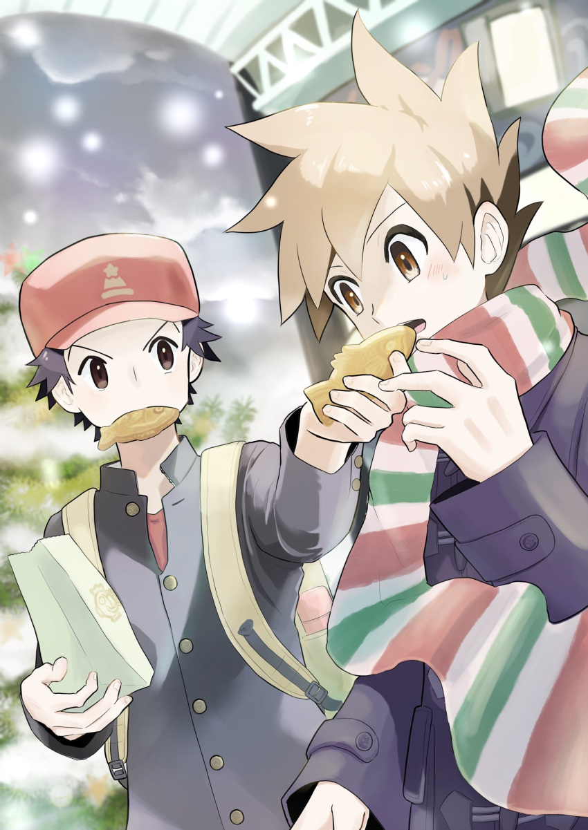 2boys arch backpack bag baseball_cap black_coat black_hair black_jacket blush brown_eyes brown_hair christmas christmas_tree cloud cloudy_sky coat commentary_request couple dutch_angle feeding food food_in_mouth green_(pokemon) green_scarf grey_eyes grey_sky hand_up hands_up hat high_collar highres holding holding_bag jacket looking_at_another male_focus mall multicolored_clothes multicolored_hair multicolored_scarf multiple_boys open_mouth outdoors paper_bag pastry pokemon pokemon_rgby red_(pokemon) red_headwear red_scarf red_shirt sakana_(heminochichoko) scarf shirt short_hair sky snowing spiked_hair striped striped_scarf surprised sweatdrop taiyaki two-tone_hair upper_body wagashi yaoi yellow_bag