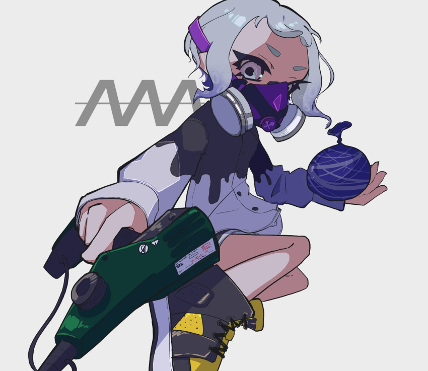 1girl black_footwear burst_bomb_(splatoon) commentary eyelashes full_body gas_mask gradient_hair grey_eyes grey_hair gun high_tops highres holding holding_gun holding_weapon inkling inkling_girl jet_squelcher_(splatoon) mask mugi_com2 multicolored_hair purple_hair shoes short_hair simple_background sneakers solo splatoon_(series) splatoon_2 two-tone_footwear two-tone_hair weapon white_background yellow_footwear