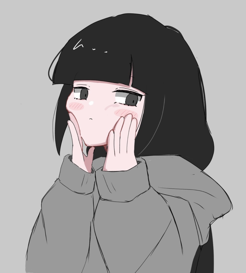 1girl black_eyes black_hair expressionless grey_background grey_hoodie hands_on_own_cheeks hands_on_own_face hood hood_down hoodie inabakumori long_hair osage_(inabakumori) riima simple_background solo