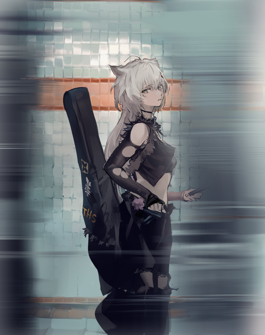 1girl absurdres animal_ears arknights black_jacket black_pants black_shirt grey_eyes grey_hair guitar_case highres holding holding_phone instrument_case jacket koio lappland_(arknights) looking_at_viewer looking_to_the_side midriff pants parted_lips phone reflection shirt solo torn_clothes torn_sleeves wolf_ears wolf_girl