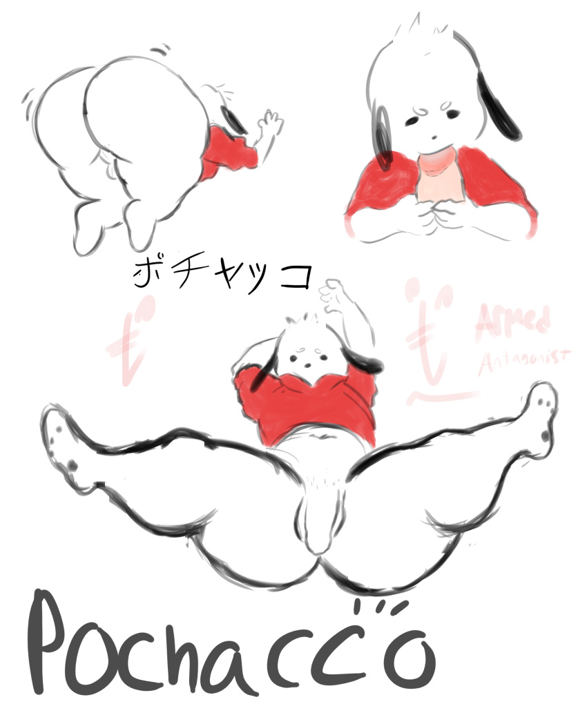absurd_res armedantagonist big_butt butt canid canine canis chibi clothing domestic_dog fellatio foreskin genitals hi_res hoodie humanoid jiggling_butt male male/male mammal oral penile penis pochacco pudgy_belly red_clothing red_hoodie red_topwear sanrio sex solo spread_legs spreading stretch_marks topwear