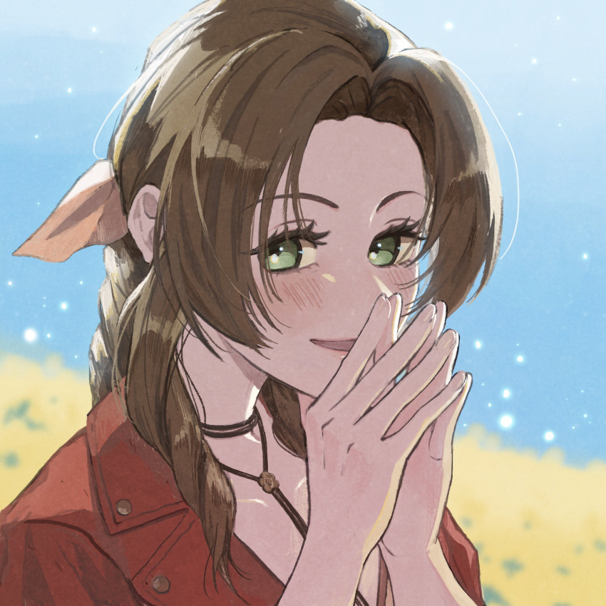 1girl aerith_gainsborough blush braid braided_ponytail brown_hair chika_i choker covering_mouth final_fantasy final_fantasy_vii final_fantasy_vii_remake flower flower_choker green_eyes hair_ribbon highres jacket long_hair looking_at_viewer outdoors own_hands_together parted_bangs parted_lips pink_ribbon red_jacket ribbon sidelocks single_braid smile solo upper_body wavy_hair yellow_flower