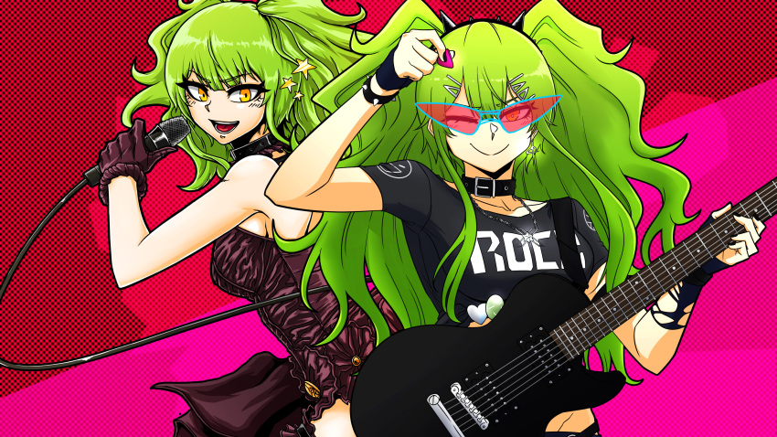 1girl absurdres black_shirt bracelet collar dual_persona earrings girls'_frontline glasses green_hair guitar hair_ornament hairclip hairpin highres holding holding_guitar holding_instrument holding_microphone holding_plectrum instrument jewelry long_hair looking_at_viewer m950a_(concert_diva!)_(girls'_frontline) m950a_(girls'_frontline) microphone official_alternate_costume one_eye_closed open_mouth plectrum shirt smile spiked_bracelet spikes star_(symbol) star_hair_ornament tryvor twintails yellow_eyes