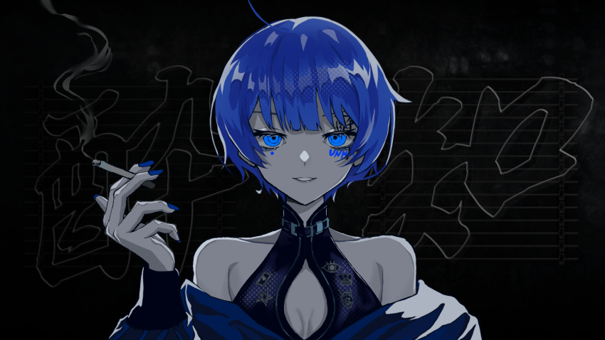 1girl ahoge bare_shoulders blue_eyes blue_hair blue_jacket blue_nails breasts cigarette cleavage commentary_request highres holding holding_cigarette jacket long_sleeves looking_at_viewer mole mole_under_eye nail_polish off_shoulder original parted_lips short_hair sleeveless smoke solo song_name takayou upper_body yoidore_shirazu_(vocaloid)