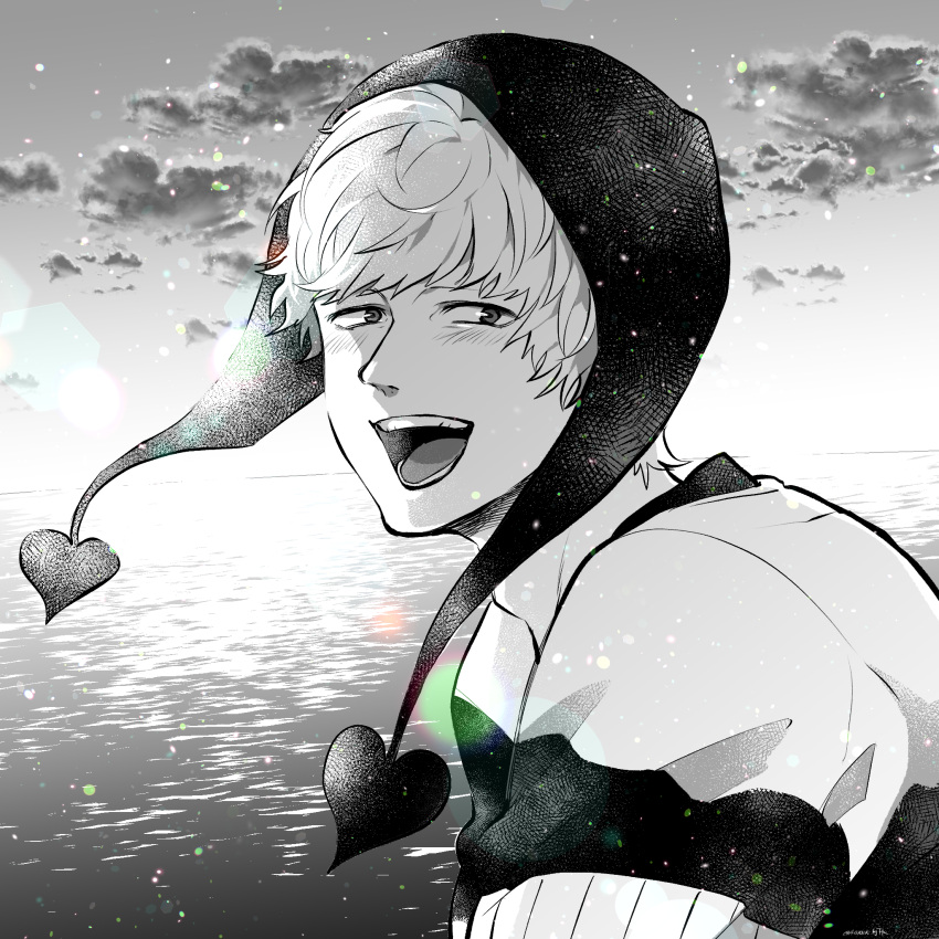 1boy adam's_apple amane_(yukiango69) blush cloud donquixote_rocinante greyscale hat highres long_sleeves looking_at_viewer male_focus monochrome one_piece open_mouth outdoors short_hair signature solo teeth upper_body water