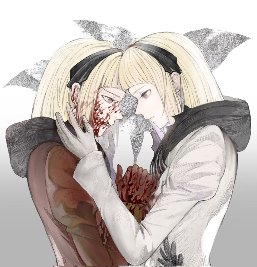 1girl blonde_hair blood blood_on_face brown_eyes clenched_teeth commentary_request drag-on_dragoon drag-on_dragoon_3 dual_persona gloves grey_background highres hood hooded_jacket jacket long_hair one_(drag-on_dragoon) own_hands_together parted_lips red_gloves red_jacket simple_background teeth tricoliet white_gloves white_jacket