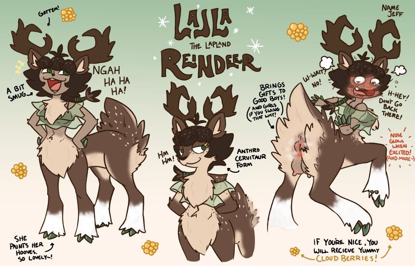 absurd_res ahoge anatomically_correct anthro antlers anus aroused berry bodily_fluids breasts brown_body brown_fur brown_hair butt censored censored_genitalia censored_pussy cervine cheek_tuft clitoris clothed clothing colored_nails deer deer_taur dialogue embarrassed english_text erect_nipples facial_tuft female feral fluffy fluffy_legs fluffy_tail food freckles fruit fur genitals gift glowing glowing_clitoris glowing_genitalia glowing_nose green_clothing green_eyes green_shirt green_topwear hair hi_res holidays hooves horn humanoid inner_ear_fluff lajla_the_lapland_reindeer laugh long_legs mammal mammal_taur nails namejeff navel neck_tuft new_world_deer nipples no_underwear pantsless partially_clothed plant ponytail presenting presenting_anus presenting_hindquarters presenting_pussy pussy red_nose reindeer scut_tail sharp_teeth shirt short_hair short_tail simple_background slim smug smug_face snaggle_tooth snout solo speckled_body speckled_fur spots steam steaming_pussy sweat sweatdrop tail tan_body tan_skin tank_top taur teats teeth text topwear tuft udders white_body white_fur wide_hips