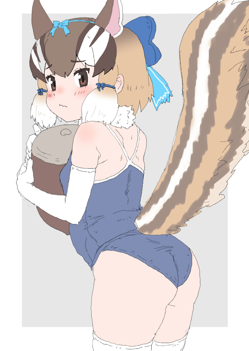 1girl absurdres acorn animal_ears bare_shoulders brown_eyes brown_hair chipmunk_ears chipmunk_girl chipmunk_tail elbow_gloves extra_ears gloves grey_background highres kemono_friends kemono_friends_v_project kumasyan1998 looking_at_viewer looking_back ribbon scarf short_hair siberian_chipmunk_(kemono_friends) simple_background solo swimsuit tail thighhighs virtual_youtuber