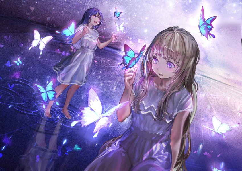 2girls blonde_hair blue_hair bug butterfly chair commentary dress dutch_angle fantasy highres horizon long_hair multiple_girls nik_ibi open_mouth original purple_eyes purple_theme reflective_floor sidelocks sitting sleeveless sleeveless_dress teeth upper_teeth_only wading white_dress