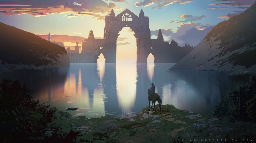 1other ambiguous_gender arch blue_sky cloud commentary english_commentary evening gate gradient_sky horizon horse horseback_riding lake landscape original outdoors reflection reflective_water riding scenery sky solo sylvain_sarrailh very_wide_shot water