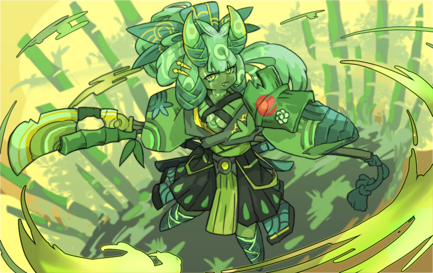 1girl :d armor bamboo bamboo_shoot black_skirt blurry blurry_background body_markings breasts colored_sclera colored_skin commentary_request fang full_body green_hair green_horns green_pupils green_sclera green_skin green_theme hair_tattoo holding holding_polearm holding_weapon horns japanese_clothes legs_apart long_hair long_sleeves looking_at_viewer medium_breasts mix_(candlmix) oni_horns original pauldrons personification pleated_skirt polearm shoulder_armor single_pauldron skin-covered_horns skirt smile solo teeth upper_teeth_only weapon wide_sleeves yellow_eyes