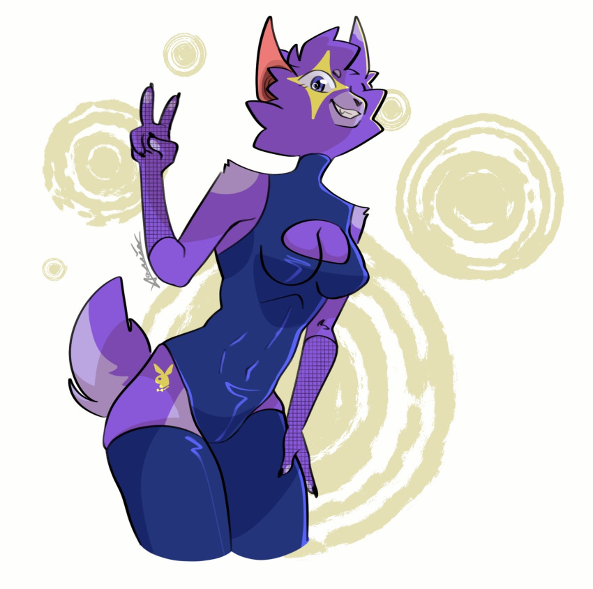 anthro clothing female fur girly hi_res hyena latex latex_clothing latex_legwear latex_thigh_highs legwear loftb0i mammal playboy_bunny playboy_bunny_logo purple_body purple_fur small_waist solo tattoo thick_thighs thigh_highs yellow_tattoo