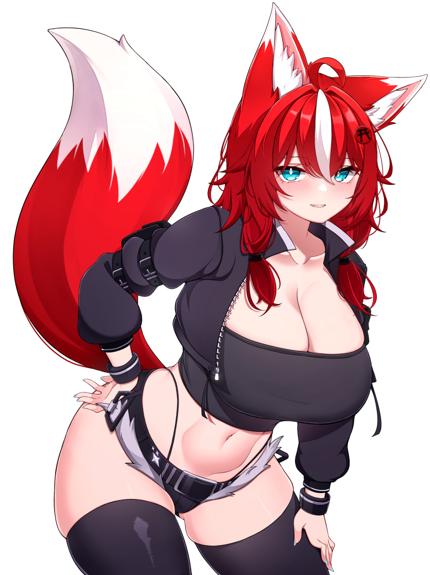 1girl 5danny1206 absurdres ahoge animal_ear_fluff animal_ears black_thighhighs borrowed_character breasts cleavage commentary commission cropped_jacket fox_ears fox_girl fox_tail green_eyes hair_between_eyes highres jacket large_breasts leaning_forward long_hair long_sleeves multicolored_fur multicolored_hair navel open_clothes open_jacket original red_fur red_hair short_shorts shorts smile solo standing strapless symbol-only_commentary tail thighhighs tube_top white_fur white_hair