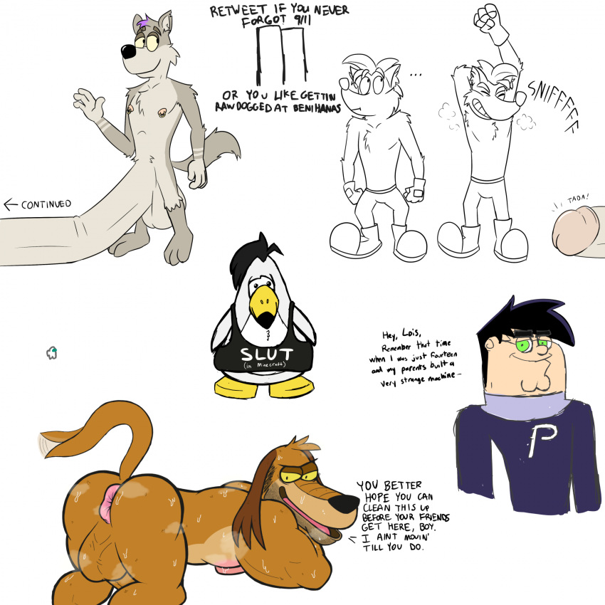 1:1 2023 9/11 activision alternate_species among_us anthro anus avian backsack balls bandicoot beak big_penis bird black_hair bodily_fluids brown_body brown_fur butt cale_(vermont) canid canine canis clothed clothing club_penguin collaboration crash_bandicoot crash_bandicoot_(series) crewmate_(among_us) danny_fenton danny_phantom dialogue domestic_dog dukey english_text family_guy feathers five_o'clock_shadow flaccid fur genitals gesture green_eyes grey_body grey_fur gus_skwarek hair hi_res huge_penis human hyper hyper_genitalia hyper_penis innersloth johnny_test_(series) looking_at_viewer looking_back looking_back_at_viewer male mammal marsupial multiple_images musk_clouds nickelodeon nipple_piercing nipple_ring nipples nude_anthro nude_male penguin penis peter_griffin piercing pink_anus presenting presenting_hindquarters purple_hair ring_piercing secretgull shirt simple_background sniffing_own_armpit solo style_parody sweat talking_to_viewer tank_top text text_on_clothing text_on_shirt text_on_tank_top text_on_topwear topless topless_anthro topless_male topwear twin_towers vermonttheseagull waving waving_at_viewer white_background white_body white_feathers yellow_beak yellow_sclera