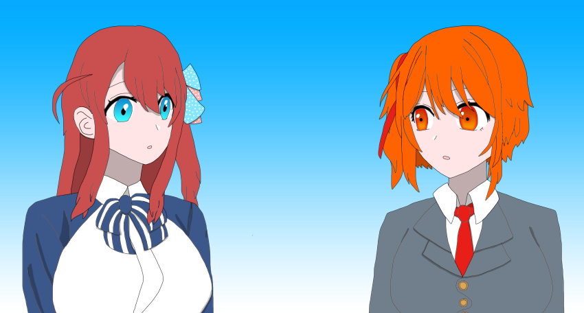 absurdres blue_eyes chronicle_of_myers highres hoshi_takeyama_(chronicle_of_myers) jo_shin_ogi minamoto_sakura orange_eyes orange_hair original oshi_no_ko parody red_hair school_uniform zombie_land_saga