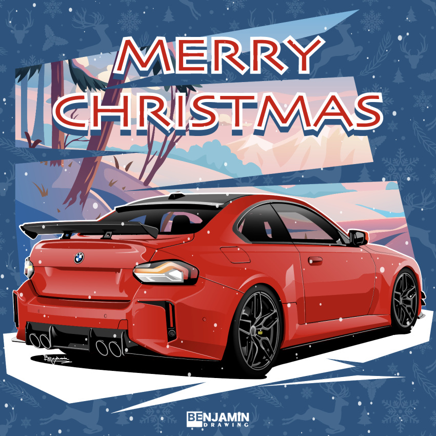 artist_name benjamin_(user_scjv3278) bmw bmw_m2 car deer highres merry_christmas motor_vehicle mountain no_humans original race_vehicle red_car snowflakes snowing spoiler_(automobile) tree vehicle_focus