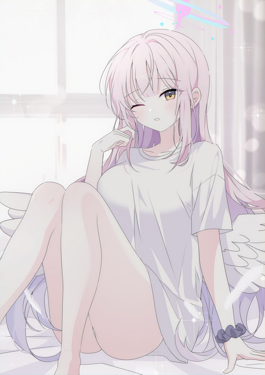 1girl ;o absurdres bare_legs barefoot blue_archive blush breasts collarbone feathered_wings halo highres indoors knees_together_feet_apart knees_up large_breasts looking_at_viewer mika_(blue_archive) one_eye_closed panties panty_peek pink_hair scrunchie seno_(senohime) shirt sitting solo underwear white_shirt white_wings wings wrist_scrunchie