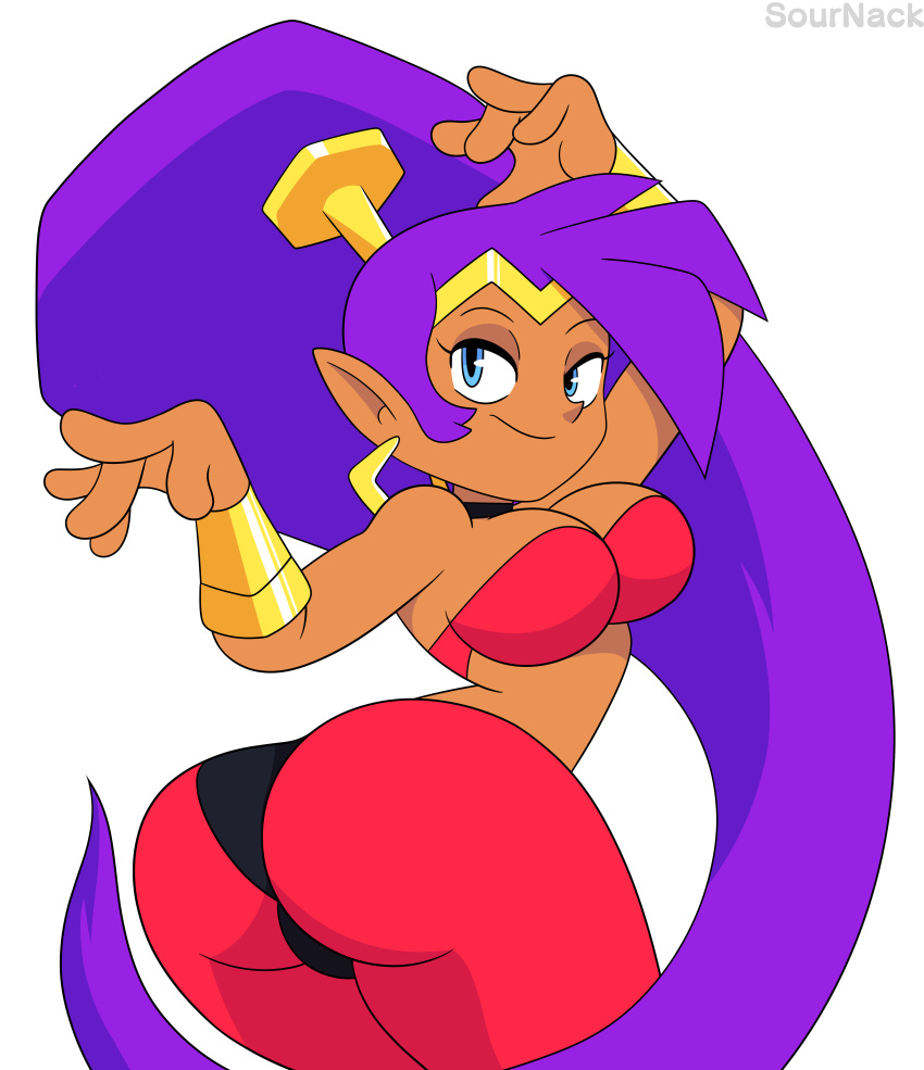absurd_res blue_eyes breasts brown_body brown_skin butt cleavage clothed clothing ear_piercing ear_ring female genie hair hi_res humanoid humanoid_pointy_ears looking_at_viewer not_furry piercing ponytail purple_hair ring_piercing shantae shantae_(series) signature simple_background smile solo sournack wayforward