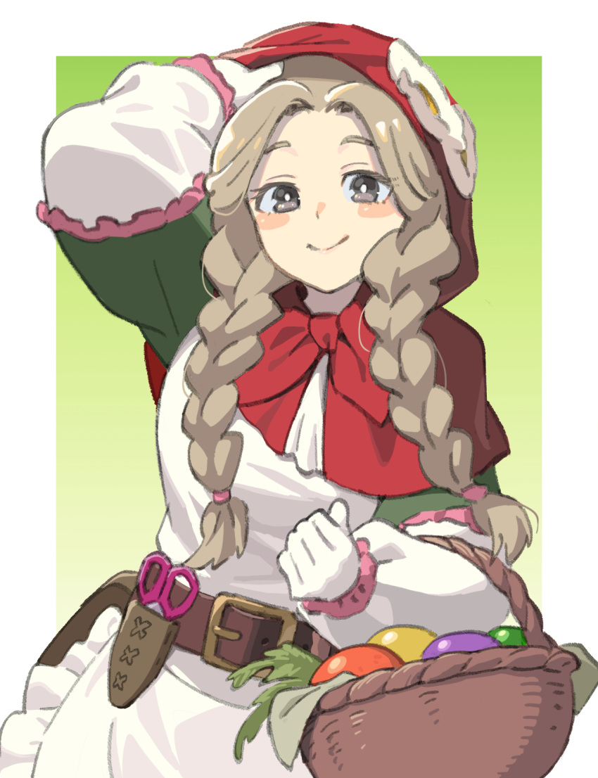 1girl aged_down apron basket belt blush_stickers capelet dress farmer_(sekaiju) farmer_5_(sekaiju) gloves green_dress grey_eyes grey_hair highres hood hooded_capelet long_hair looking_at_viewer mya-zawa red_capelet scissors sekaiju_no_meikyuu sekaiju_no_meikyuu_hd smile solo twintails white_apron white_gloves