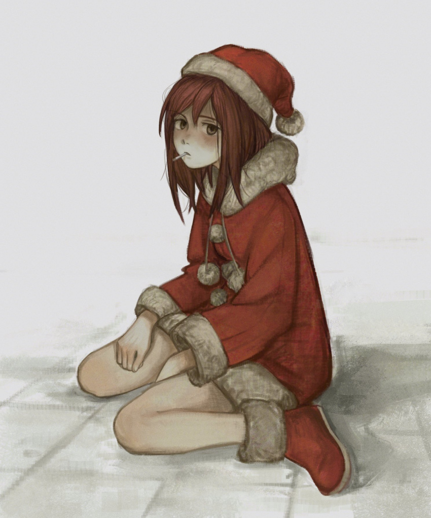 1girl brown_hair christmas cigarette flcl floor hair_between_eyes hat highres kneeling monlopolo on_floor red_footwear samejima_mamimi santa_costume santa_hat simple_background solo white_background