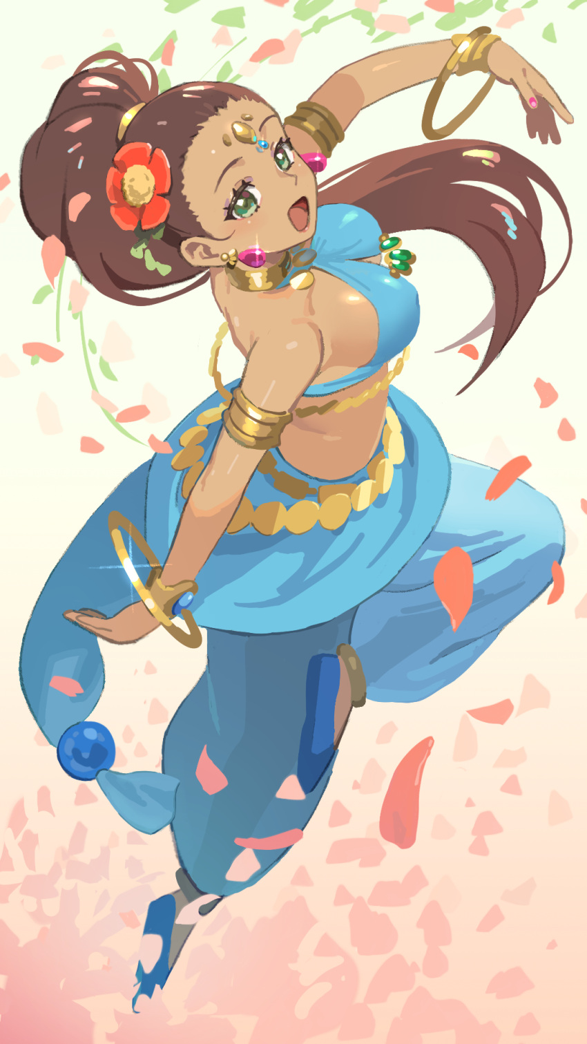 1girl armlet bangle bare_shoulders belly_chain blue_footwear blue_pants bracelet breasts brown_hair commentary_request dancer_(sekaiju) dancer_5_(sekaiju) dark-skinned_female dark_skin earrings flower forehead_jewel full_body green_eyes hair_flower hair_ornament halterneck harem_outfit highres jewelry large_breasts long_hair looking_at_viewer mya-zawa neck_ring open_mouth pants petals ponytail sekaiju_no_meikyuu sekaiju_no_meikyuu_hd smile solo