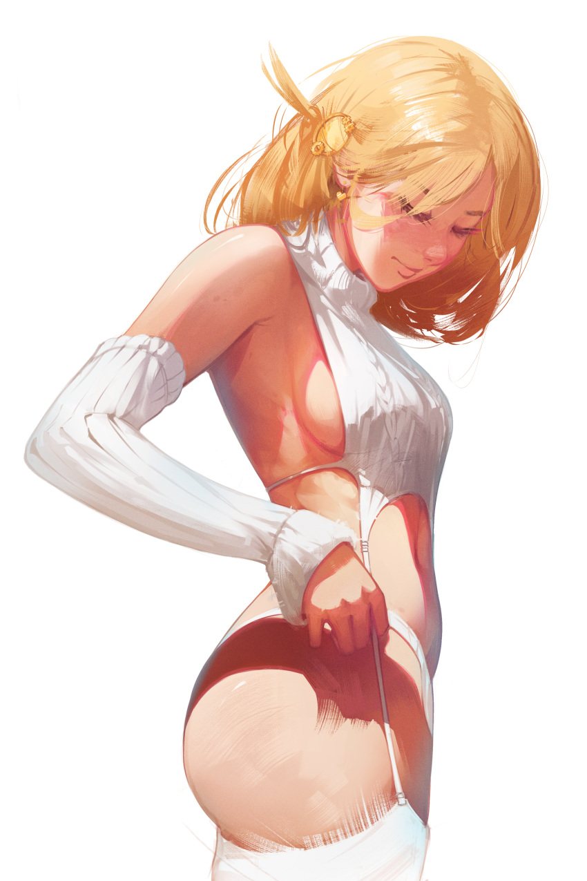 1girl absurdres blonde_hair blush bob_cut breasts closed_mouth detached_sleeves from_side garter_straps gewwyart hair_ornament hairclip highres hololive hololive_english medium_breasts medium_hair navel ribbed_sweater sideboob simple_background solo sweater thighhighs thighs turtleneck virgin_destroyer_sweater virtual_youtuber watson_amelia white_background white_sweater white_thighhighs