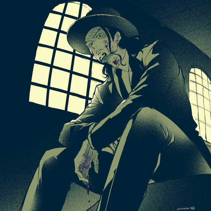 1boy amane_(yukiango69) beard blood blood_on_face blood_on_hands closed_mouth collared_shirt facial_hair from_below highres jacket long_hair long_sleeves male_focus monochrome necktie one_piece pants pink_blood rob_lucci shirt signature sitting solo spot_color window