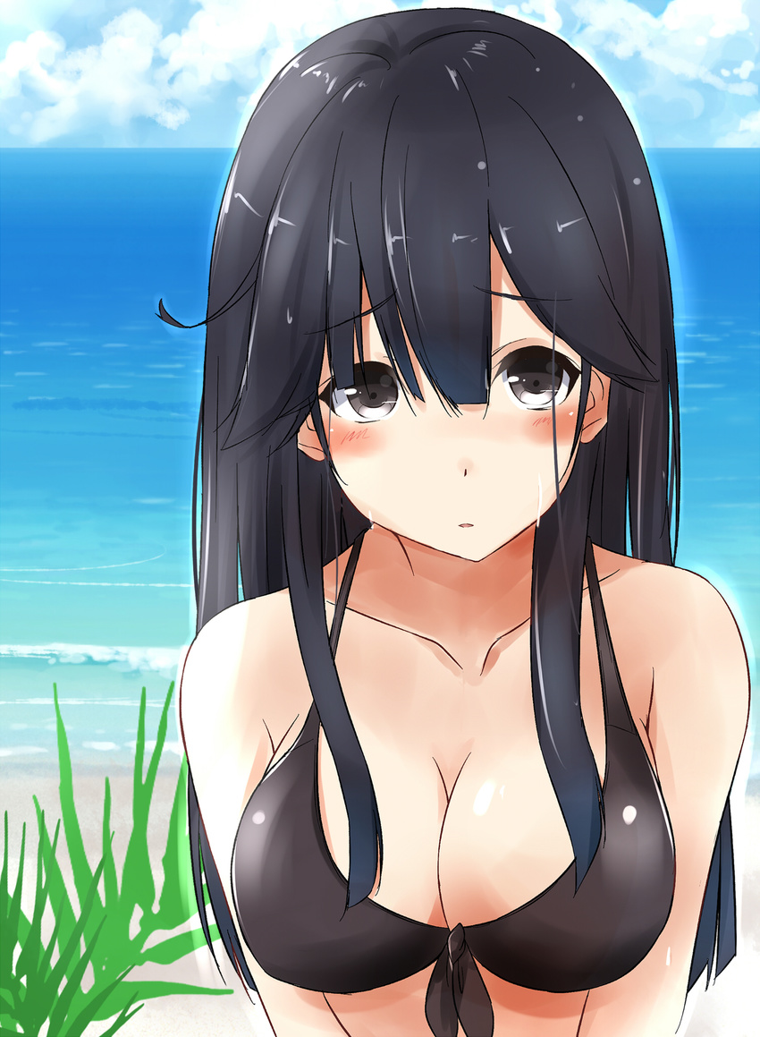 :o bad_id bad_nicoseiga_id bare_shoulders beach bikini bikini_top black_bikini black_bikini_top black_hair black_ribbon blue_sky blush breasts cleavage cloud collarbone day eyebrows eyebrows_visible_through_hair front-tie_bikini front-tie_top grass grey_eyes hair_between_eyes highres horizon kantai_collection large_breasts long_hair ocean outdoors parted_lips plant ribbon saku_(kudrove) sand shore sky solo summer sweatdrop swimsuit ushio_(kantai_collection) water