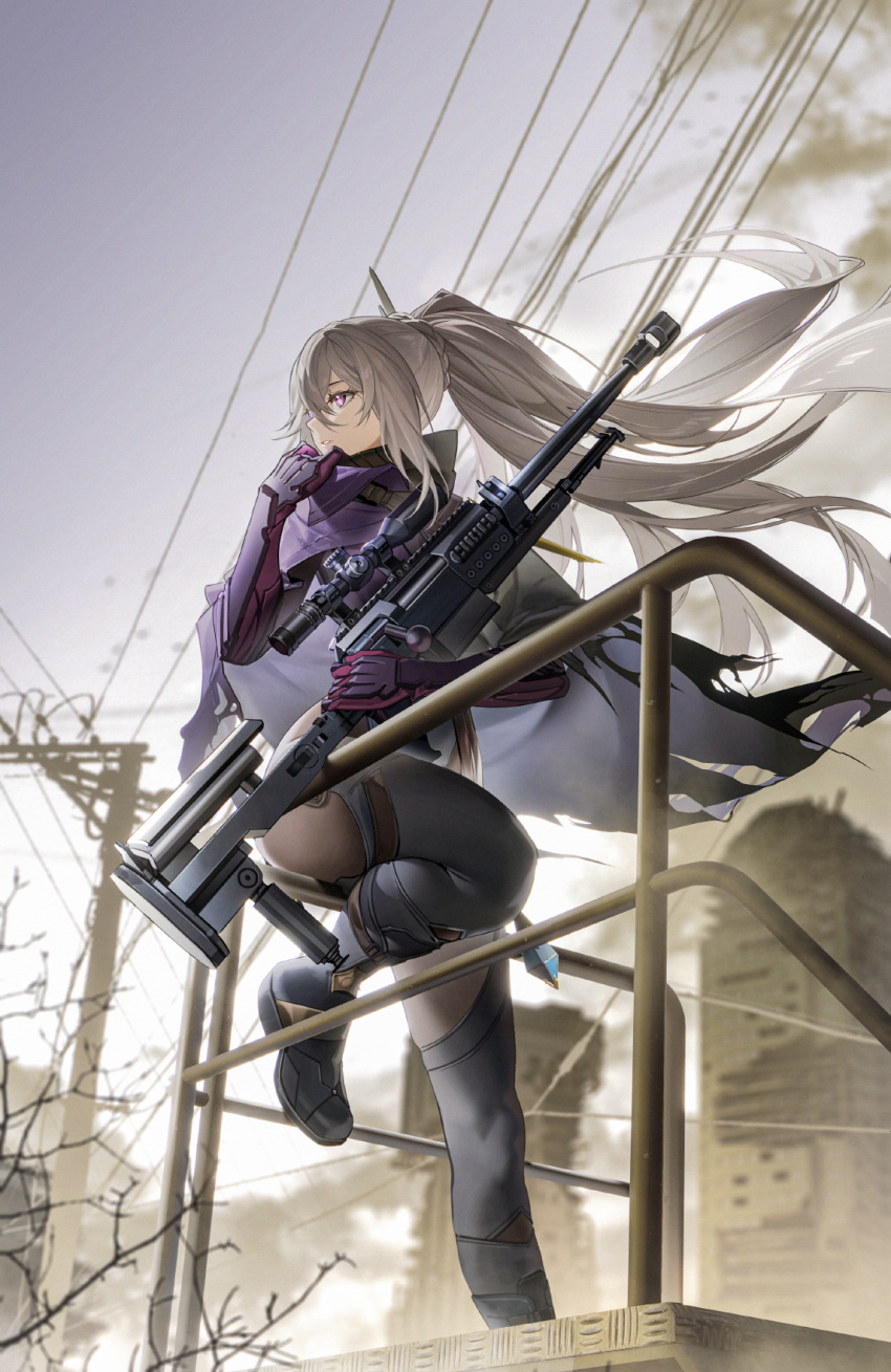 1girl boots cape foot_out_of_frame full_body girls'_frontline_2:_exilium hand_up highres holding holding_weapon knee_boots leg_up leotard long_hair looking_ahead nemesis_(girls'_frontline_2) om_50_nemesis outdoors pantyhose parted_lips ponytail purple_cape purple_eyes rff_(3_percent) scope sitting sitting_on_object solo weapon white_hair