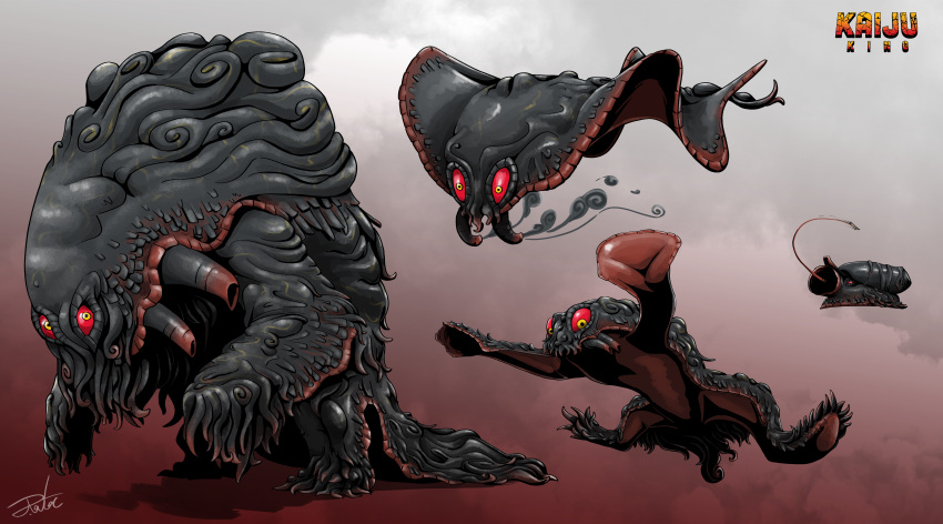 absurdres colored_sclera creature evolutionary_line flying full_body godzilla_(series) gugenheim98 hedorah highres hunched_over jumping kaijuu looking_at_viewer monster monster_focus multiple_persona no_humans red_sclera redesign signature simple_background smog tail tentacles tongue tongue_out yellow_eyes