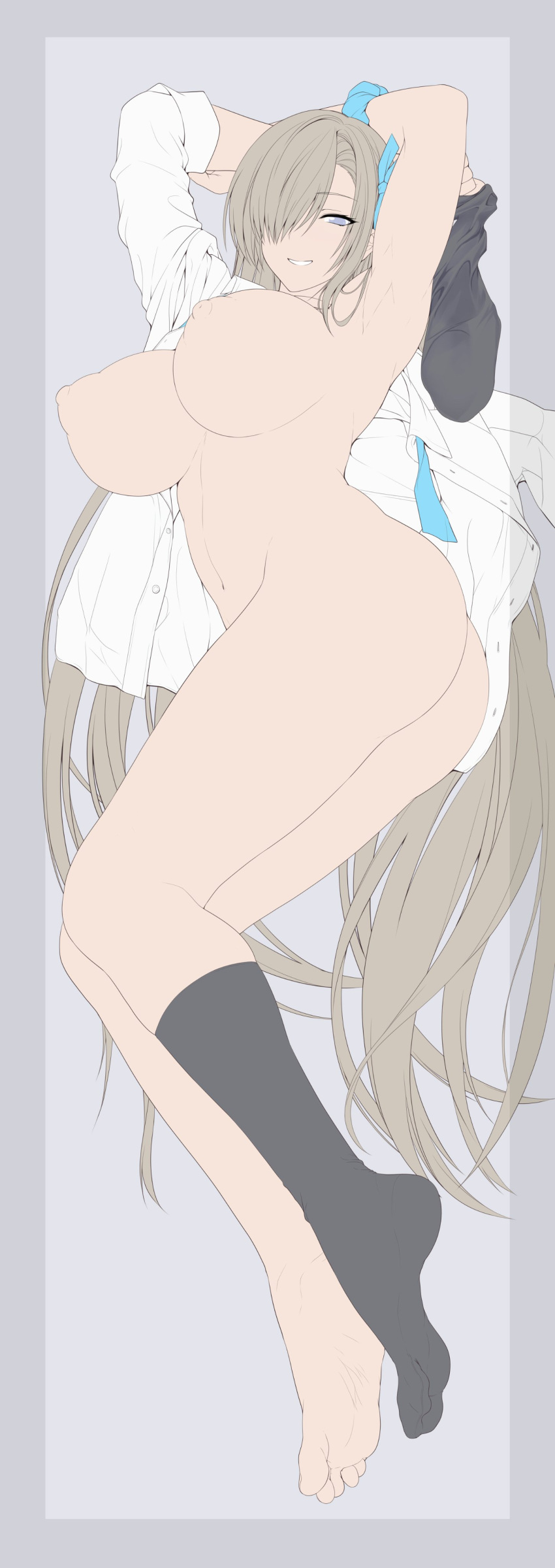 1girl absurdres armpits arms_up asuna_(blue_archive) barefoot blue_archive blue_eyes blue_necktie blue_ribbon breasts collared_shirt dakimakura_(medium) eyelashes feet full_body grey_background hair_over_one_eye hair_ribbon highres holding_sock huge_breasts kneehighs legs long_hair looking_at_viewer navel necktie no_shoes nude one_eye_covered puffy_nipples ribbon ruton-niki scrunchie shirt single_sock smile socks soles solo toes unfinished unworn_socks very_long_hair white_shirt wrist_scrunchie