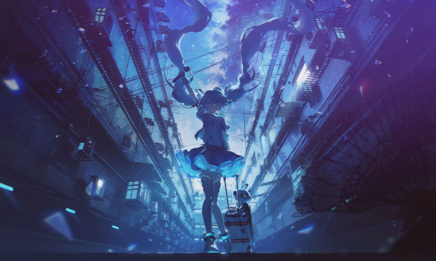 1girl :3 absurdly_long_hair absurdres arm_up blue_eyes blue_hair blue_skirt blue_star_(vocaloid) breasts chinese_commentary commentary_request floating_hair from_below full_body gloves grey_thighhighs hair_between_eyes hatsune_miku highres holding holding_microphone konya_karasue layered_skirt long_hair medium_breasts microphone miniskirt outdoors pleated_skirt shirt short_sleeves skirt solo stuffed_animal stuffed_panda stuffed_toy suitcase thighhighs twintails very_long_hair vocaloid walking white_gloves white_shirt zettai_ryouiki