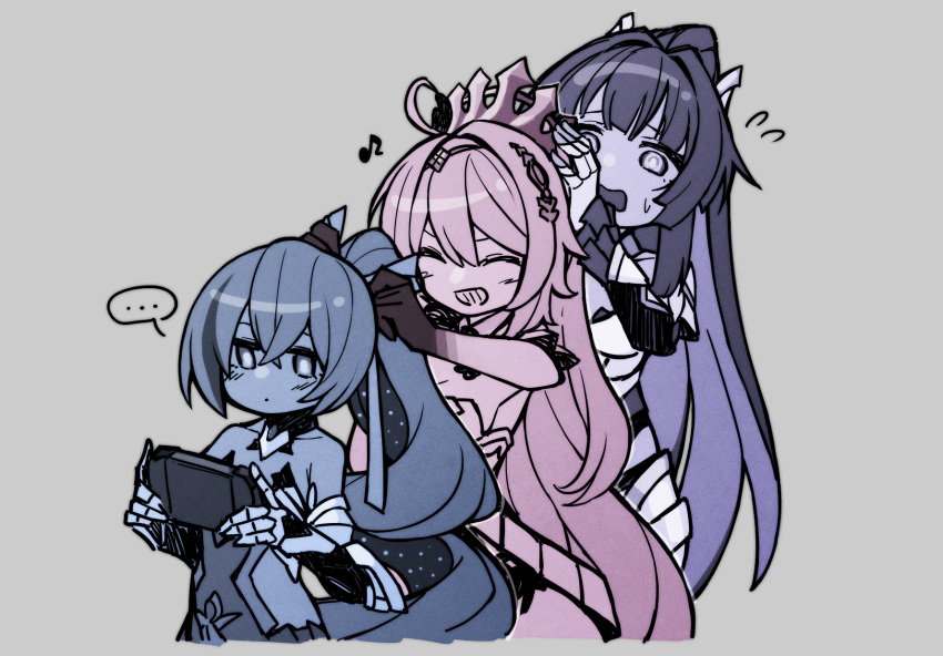 ... 3girls bare_shoulders bronya_zaychik closed_eyes drill_hair drill_ponytail expressionless flying_sweatdrops grey_background grin hair_ornament handheld_game_console highres holding holding_handheld_game_console honkai_(series) honkai_impact_3rd kiana_kaslana long_hair mikaku_(vbvpahw9) multiple_girls musical_note ponytail raiden_mei simple_background smile sweatdrop tying_another's_hair very_long_hair