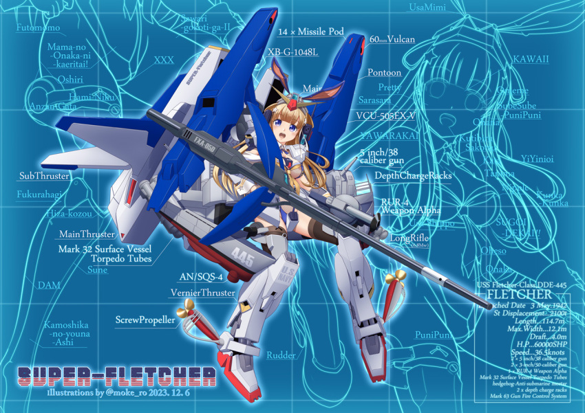 1girl armor armored_boots beam_rifle blonde_hair blue_background boots breasts cosplay double_bun elbow_gloves energy_gun fingerless_gloves fletcher_(kancolle) full_body g-defenser gloves gundam gundam_mk_ii hair_bun hairband kantai_collection knee_boots leotard long_hair mecha_musume medium_breasts moke_ro open_mouth power_armor rigging smile solo super_gundam super_gundam_(cosplay) weapon white_gloves zeta_gundam