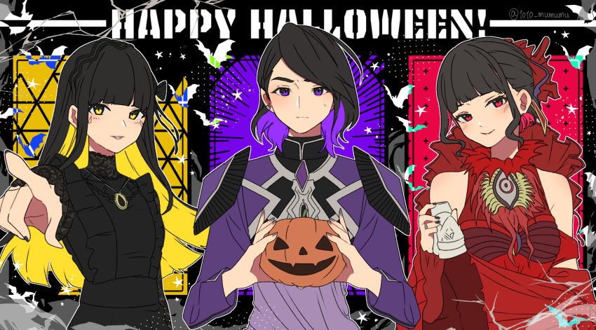 1010_mumumu 1boy 2girls aguilera_(kamen_rider_revice) bare_shoulders black_hair black_nails blunt_bangs carmeara crossover english_text hair_ornament happy_halloween highres hime_cut holding jewelry kamen_rider kamen_rider_revice kikai_sentai_zenkaiger looking_at_viewer multicolored_hair multiple_girls necklace pointing purple_eyes purple_nails red_sleeves smile stacey_(zenkaiger) super_sentai tokusatsu twitter_username two-tone_hair ultraman_trigger_(series) upper_body wide_sleeves yellow_eyes