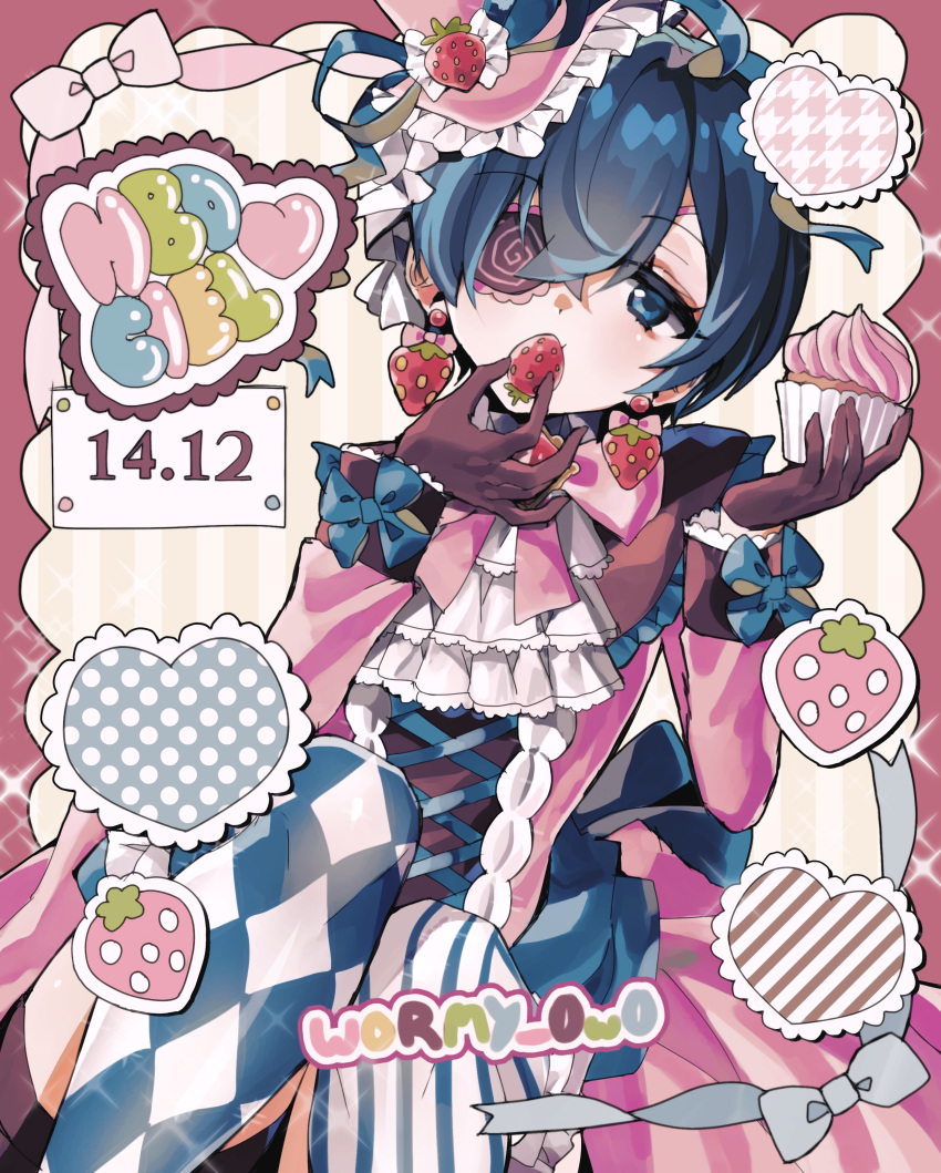 1boy absurdres birthday blue_eyes blue_hair bow ciel_phantomhive cupcake earrings eating fixed food food-themed_earrings frilled_hat frills fruit gloves happy_birthday hat heart highres holding holding_food holding_fruit jewelry kuroshitsuji male_focus otoko_no_ko patterned_clothing pink_theme short_hair solo strawberry strawberry_earrings wormy_owo