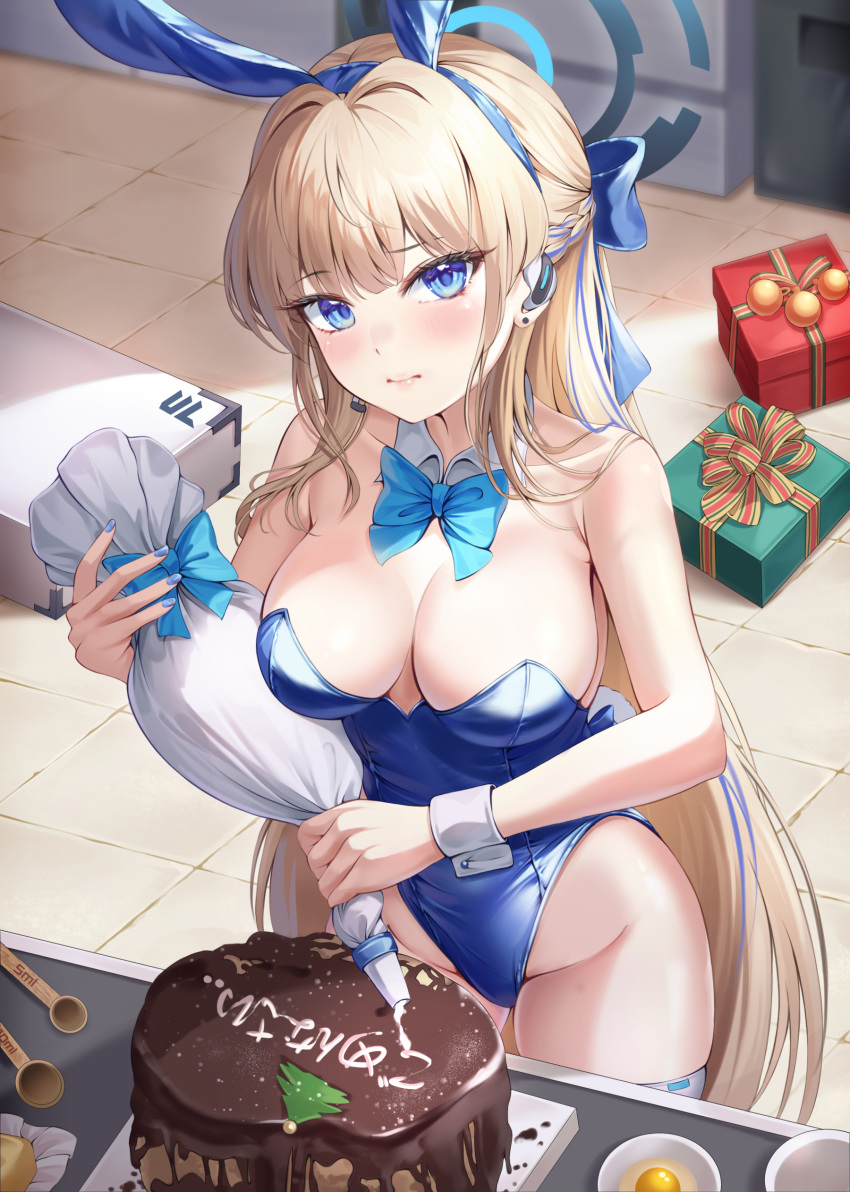 1girl absurdres animal_ears bare_shoulders blonde_hair blue_archive blue_eyes blue_halo blue_leotard blush bnari bow bowl bowtie box braid breasts cake chocolate_cake cleavage detached_collar earpiece egg_(food) fake_animal_ears food french_braid gift gift_box halo highleg highleg_leotard highres leotard long_hair looking_at_viewer medium_breasts pastry_bag playboy_bunny rabbit_ears solo spoon strapless strapless_leotard thighs toki_(blue_archive) toki_(bunny)_(blue_archive) wrist_cuffs