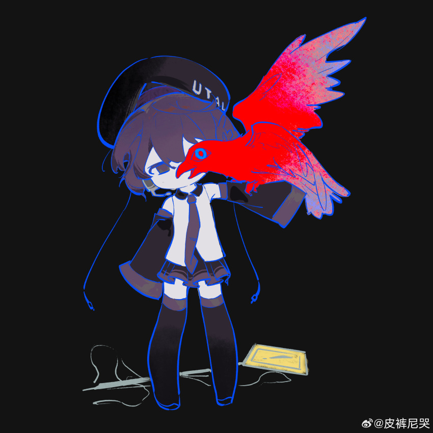 1girl absurdres animal_on_arm bird bird_on_arm black_background black_footwear black_headwear black_skirt black_sleeves boots chibi colored_skin copyright_name crow detached_sleeves empty_eyes full_body half-closed_eyes head_tilt headset highres la_campanella_(gmfzge) looking_at_viewer miniskirt necktie no_mouth outstretched_arm purple_eyes purple_hair purple_necktie road_sign shirt short_hair sign simple_background skirt sleeves_past_fingers sleeves_past_wrists solo standing thigh_boots utane_uta utau warning_sign weibo_logo weibo_username white_shirt white_skin zettai_ryouiki