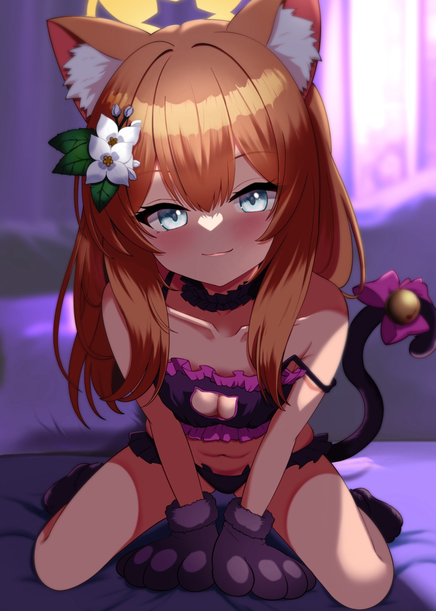 1girl alternate_costume animal_ear_fluff animal_ears animal_hands bell between_legs blue_archive blue_eyes blush bra breasts carrot_(jetcarrot) cat_cutout cat_ear_panties cat_lingerie cat_paws cat_tail choker cleavage_cutout closed_mouth clothing_cutout collarbone commentary_request fake_tail flower fox_ears fox_girl frilled_bra frilled_choker frills full_body gloves hair_between_eyes hair_flower hair_ornament halo hand_between_legs highres jingle_bell kneeling long_hair looking_at_viewer mari_(blue_archive) meme_attire orange_hair panties paw_gloves paw_shoes purple_bra purple_choker purple_panties small_breasts solo strap_slip tail tail_bell tail_ornament underwear white_flower yellow_halo