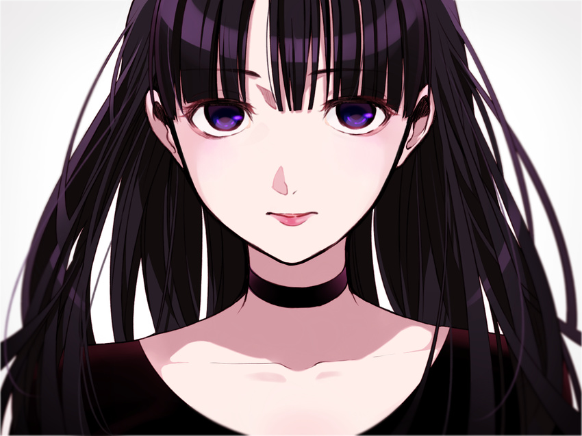 bangs black_hair black_shirt blunt_bangs blurry chisumi choker closed_mouth collarbone commentary_request depth_of_field eyebrows_visible_through_hair lips long_hair looking_at_viewer original portrait purple_eyes shirt solo upper_body