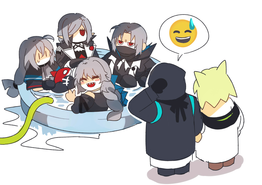 1boy 1other 5girls absurdres animal_ears arknights arm_behind_head ascot black_capelet black_gloves black_jacket capelet closed_eyes coat doctor_(arknights) facing_away full_body gladiia_(arknights) gloves green_hair grey_ascot grey_hair hair_over_one_eye highres hose in_water jacket kal'tsit_(arknights) lab_coat long_hair looking_at_viewer looking_back low-tied_long_hair mahimeko mask multiple_girls pointy_ears red_eyes short_hair skadi_(arknights) specter_(arknights) spoken_expression stuffed_orca ulpianus_(arknights) upper_body wading_pool water white_coat |_|