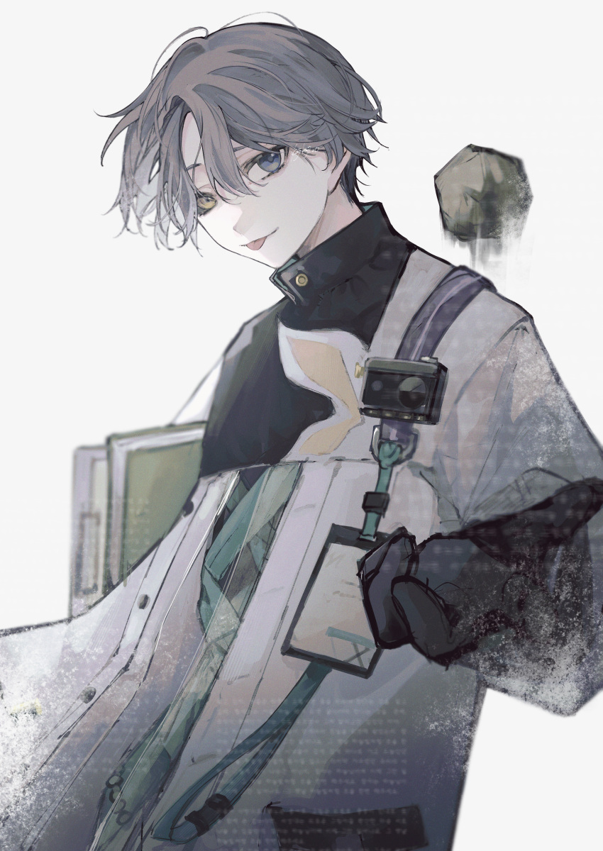 1boy absurdres black_gloves black_sclera blue_ribbon coat colored_sclera commentary_request gloves grey_eyes grey_hair heterochromia highres id_card kajiwara_3 long_sleeves male_focus mismatched_sclera reaching reaching_towards_viewer reverse:1999 ribbon rock short_hair simple_background solo white_background white_coat x_(reverse:1999) yellow_eyes