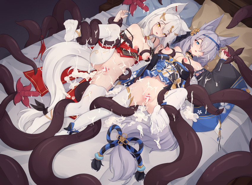 2girls after_vaginal animal_ear_fluff animal_ears bar_censor black_sleeves blue_dress blue_eyes breasts censored commentary cum cum_in_pussy cum_on_clothes cumdrip detached_sleeves dress english_commentary facial fox_ears fox_girl grey_hair handjob highres large_breasts long_hair lying multiple_girls nipples no_shoes on_back on_bed open_mouth original panties pillow pussy red_dress spread_legs tentacles thighhighs trimbil underwear variant_set white_panties white_sleeves white_thighhighs yellow_eyes