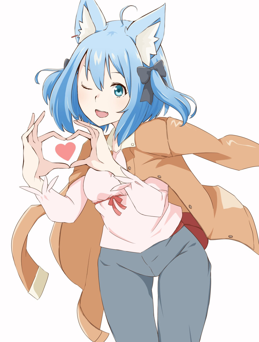 1girl ahoge alternate_costume animal_ear_piercing animal_ears bakemonogatari blue_eyes blue_hair commentary_request cosplay cowboy_shot dog_ears dog_girl grey_pants heart heart_hands highres jacket jacket_on_shoulders long_sleeves looking_at_viewer lovermoonlight medium_bangs monogatari_(series) nanashi_inc. one_eye_closed open_mouth pants pink_shirt sengoku_nadeko sengoku_nadeko_(cosplay) shirt simple_background smile solo souya_ichika underbust virtual_youtuber white_background