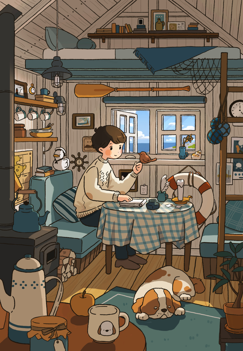 1boy absurdres apple beach bed bird bird_on_hand blue_sky book brown_hair candle clock cloud cloudy_sky cup day dog duck firewood flower food fruit furnace highres indoors ladder lamp male_focus map marunoki mug ocean open_window original plant potted_plant rug rural scenery short_hair sitting sky smile sweater table window wooden_table