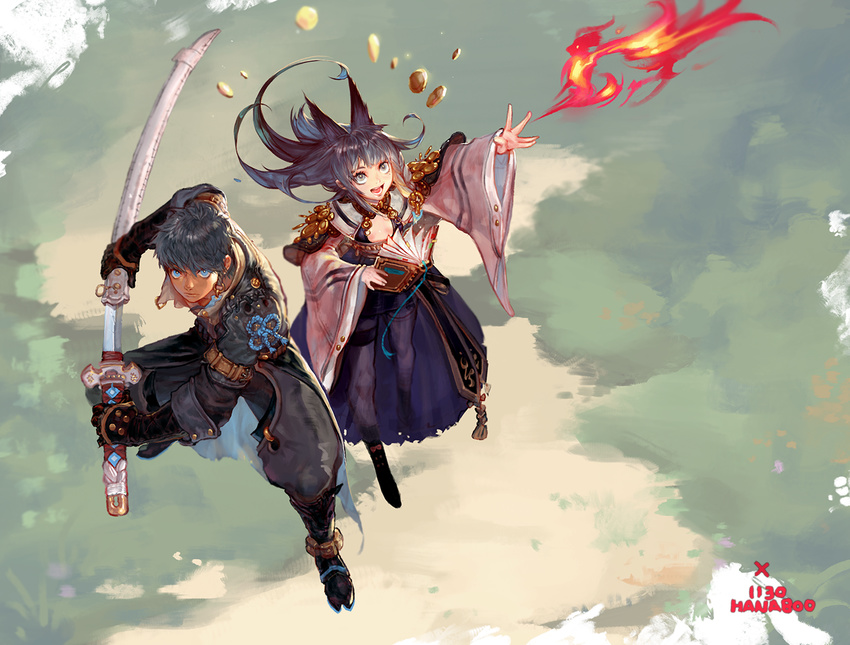 1girl animal_ears artist_name bad_id bad_twitter_id black_hair blue_eyes blurry book character_request coin copyright_request depth_of_field dress element_bending fighting_stance fire flame from_above kim_hana long_hair magic open_book outdoors sword text_focus watermark weapon