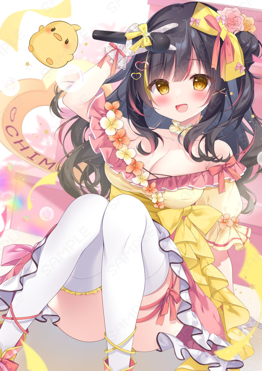 1girl :d arm_up bare_shoulders black_hair blunt_bangs blush bow breasts brown_eyes chim_voice choker cleavage detached_sleeves dress eyebrows_hidden_by_hair flower foot_out_of_frame frills hair_bow hair_bun hair_flower hair_ornament highres holding knees_up lace-trimmed_dress lace_trim large_breasts long_hair looking_at_viewer microphone off_shoulder open_mouth original red_ribbon ribbon sample_watermark shoes single_thighhigh smile solo stuffed_animal stuffed_toy thighhighs watermark white_thighhighs