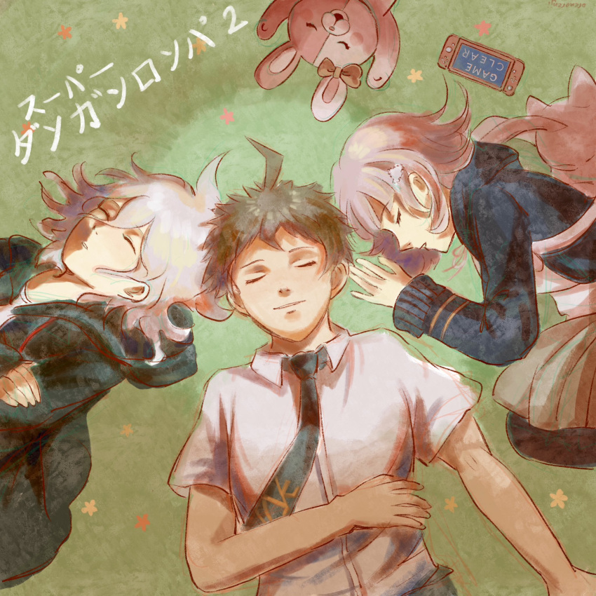 1girl 2boys :o ahoge backpack bag black_thighhighs blush_stickers bow brown_hair brown_skirt closed_eyes closed_mouth danganronpa_(series) danganronpa_2:_goodbye_despair ear_bow facing_viewer galaga grass green_jacket green_necktie hair_between_eyes hair_ornament highres hinata_hajime hood hood_down hooded_jacket jacket komaeda_nagito long_sleeves lying medium_hair miniskirt monomi_(danganronpa) multiple_boys nanami_chiaki necktie nintendo_switch on_back on_side orenorenji pink_bag pleated_skirt short_hair skirt sleeping teeth thighhighs translation_request upper_body