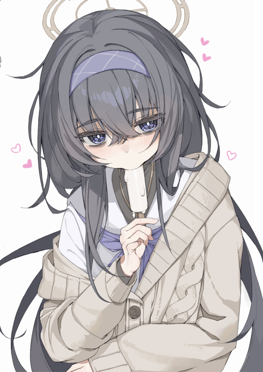 1girl absurdres black_hair blue_archive blush brown_cardigan brown_halo cardigan commentary_request crossed_bangs diagonal-striped_clothes diagonal-striped_headwear food food_in_mouth hair_between_eyes hairband heart highres holding holding_food holding_popsicle long_sleeves low_twintails neckerchief popsicle popsicle_in_mouth purple_eyes purple_hairband purple_neckerchief sailor_collar shirt simple_background single_off_shoulder solo striped_clothes turtleneck twintails ui_(blue_archive) upper_body white_background white_sailor_collar white_shirt yoru_uyo